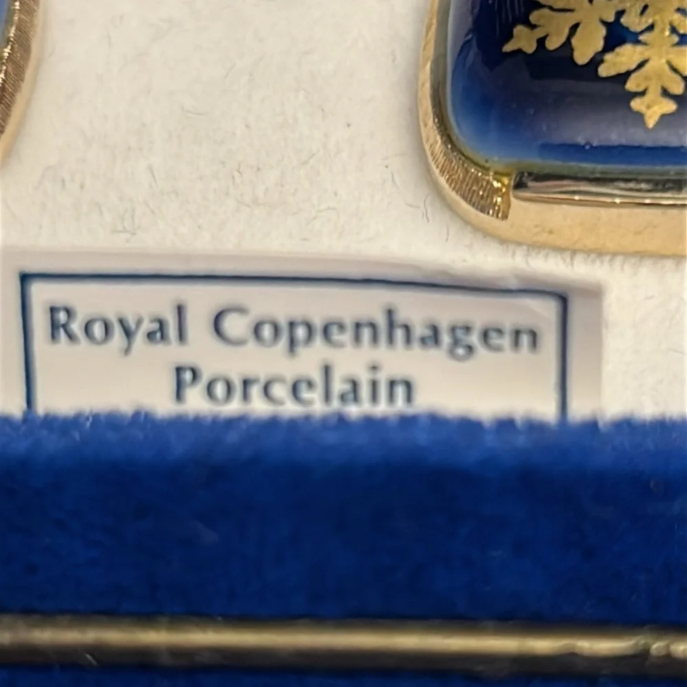 Vintage Royal Copenhagen Porcelain Cufflinks with Blue and Gold Snowflake Design